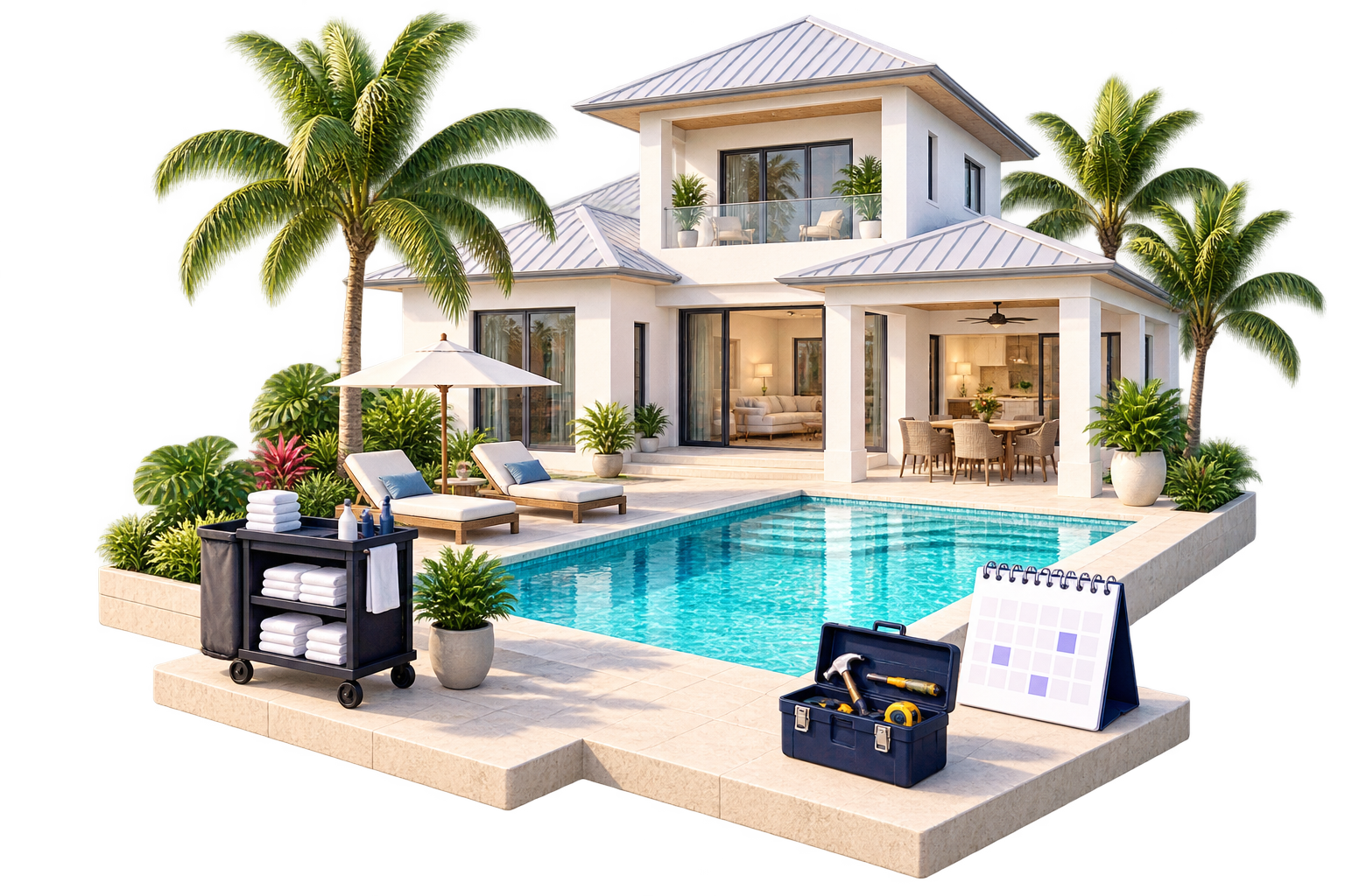 Illustrated vacation rental with pool, cleaning cart, maintenance tools and calendar